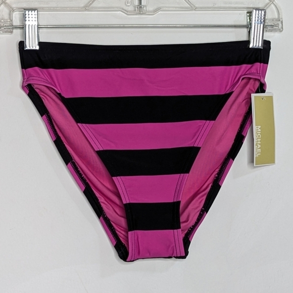 NWT Michael Kors pink black stripe bikini bottom M - Picture 1 of 9